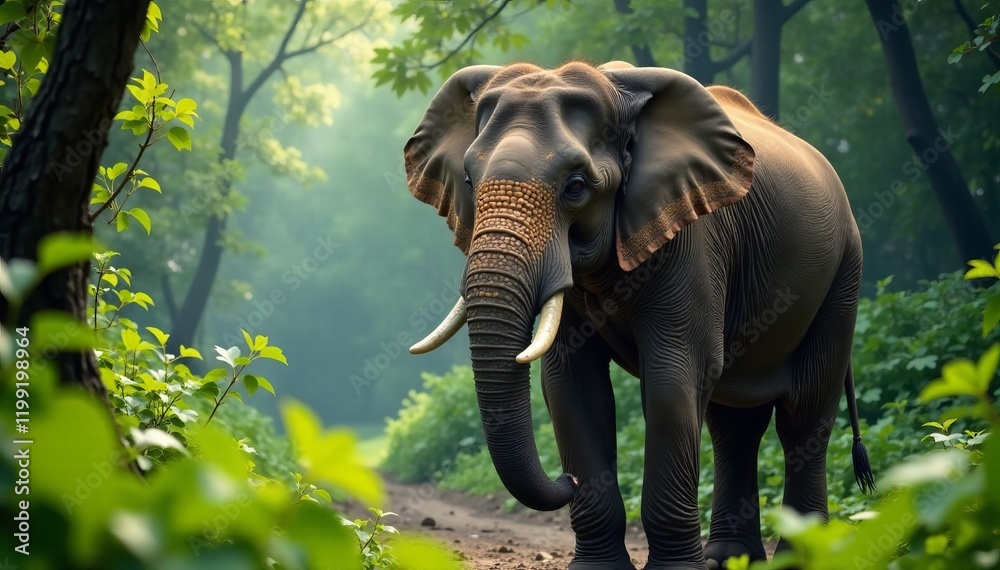 Fototapeta premium A majestic elephant wanders through a lush green forest, surrounded by vibrant foliage.