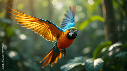 Fototapeta Naklejka Na Ścianę i Meble -  South American Ara parrot in flight in the jungle 