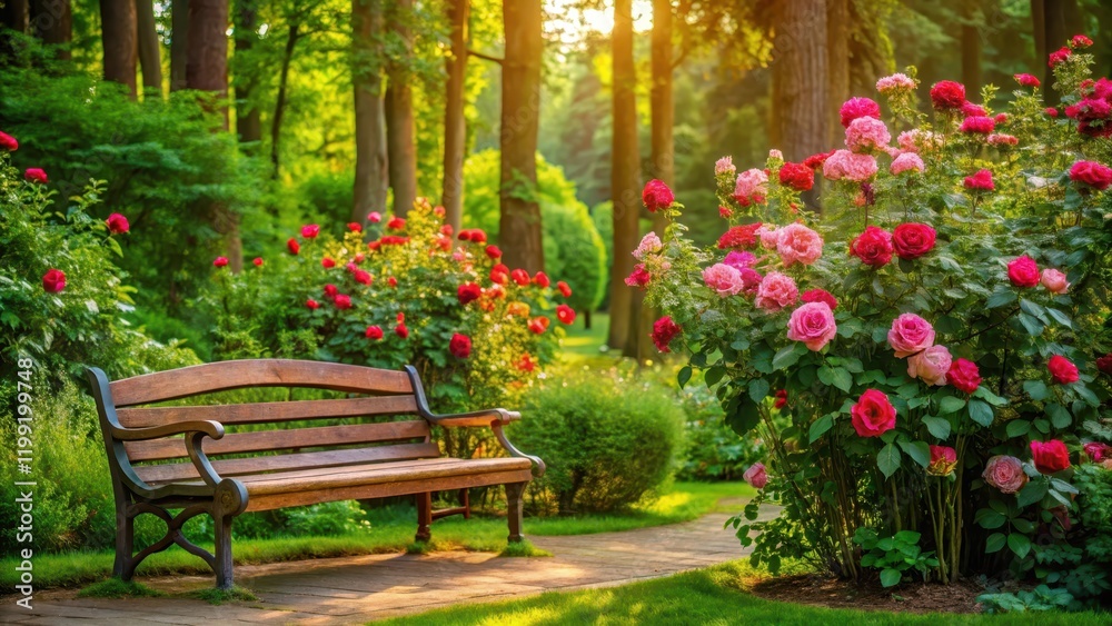 A beautiful rose bush blooming on a wooden bench in a serene garden surrounded by tall trees and lush greenery, nature A beautiful rose bush blooming on a wooden bench in a serene garden surrounded by tall trees and lush greenery, nature