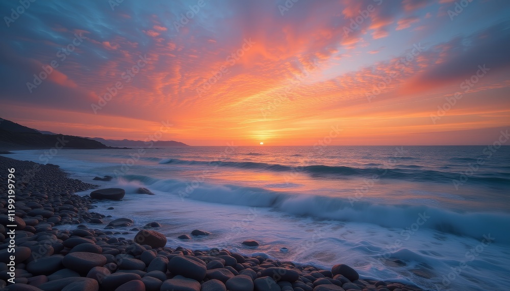 Obraz premium Sunset over rocky beach with glowing clouds and waves