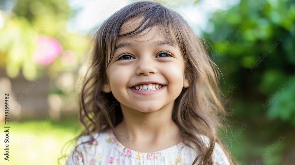 Joyful little girl with long wavy hair in garden setting. Ideal for children's education, family activities, or childhood development content. Joyful little girl with long wavy hair in garden setting. Ideal for children's education, family activities, or childhood development content.
