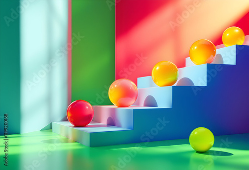 Colorful Spheres Ascending a Vibrant Staircase: A Playful, Modern Composition