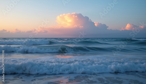 Ocean waves at sunrise with dramatic clouds
