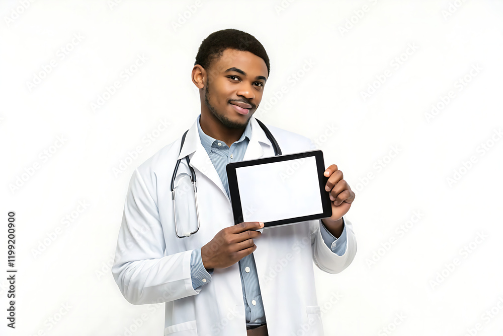 Portrait of young male doctor presenting tablet with blank screen and copy space for app ads, isolated on blue background Portrait of young male doctor presenting tablet with blank screen and copy space for app ads, isolated on blue background