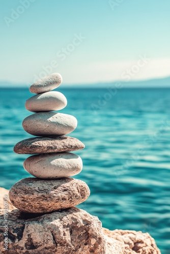 A tranquil scene of stacked stones by the water, ideal for reflection and relaxation.