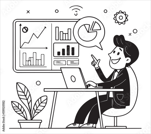 One line art set business flat vector illustration design
cartoon character working action style concept. online video conference meeting. business planning. data analytics