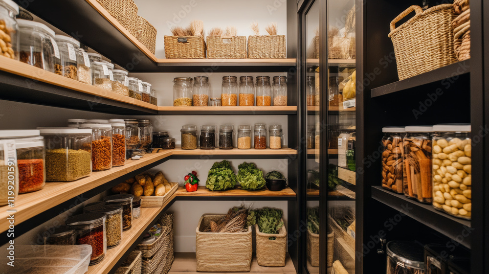 clean and organized pantry featuring transparent food storage containers, baskets, and neatly arranged shelves. space is functional and visually appealing, perfect for efficient meal prep clean and organized pantry featuring transparent food storage containers, baskets, and neatly arranged shelves. space is functional and visually appealing, perfect for efficient meal prep