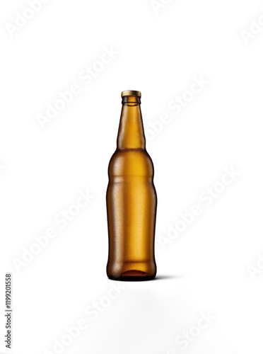Chilled Beer Bottle with Amber Liquid on Clean White Background