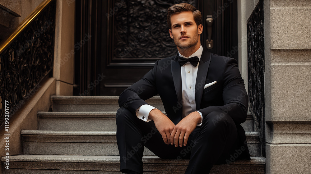 Elegant man in tuxedo on classic brownstone steps. Perfect for luxury events, formal fashion, or sophisticated lifestyle content. Elegant man in tuxedo on classic brownstone steps. Perfect for luxury events, formal fashion, or sophisticated lifestyle content.
