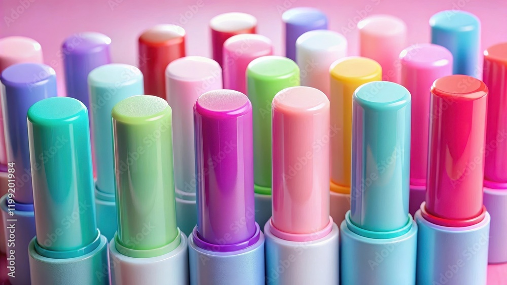 A colorful set of lip balm sticks in various shades of pink, purple A colorful set of lip balm sticks in various shades of pink, purple
