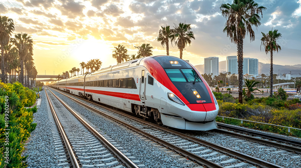 Naklejka premium High-Speed Train at Sunset: A Scenic Rail Journey