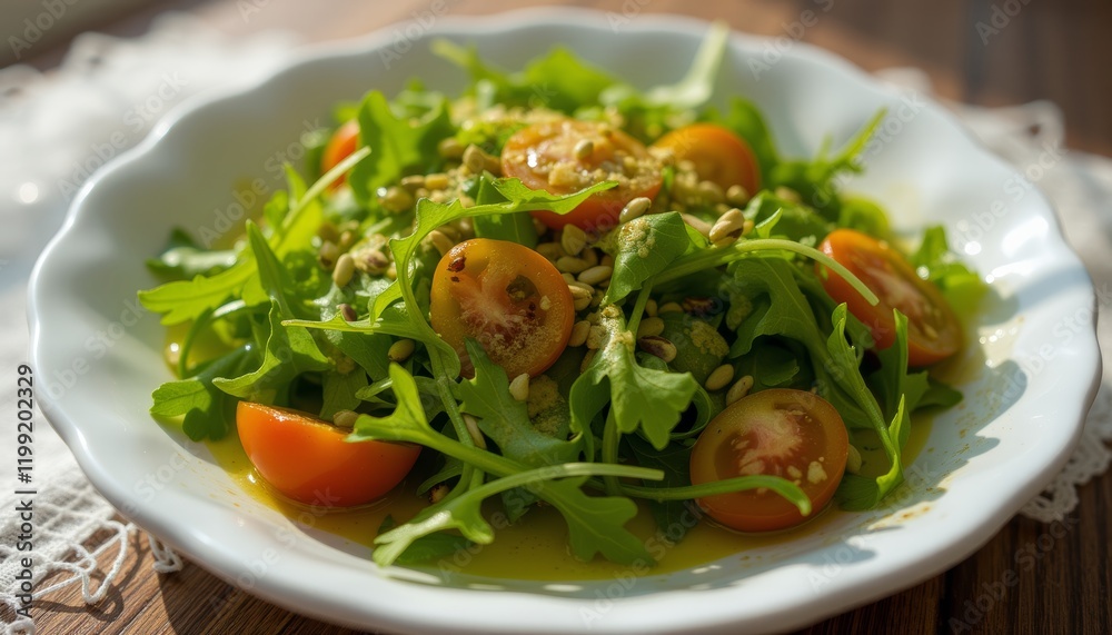 Fresh arugula salad with cherry tomatoes and pine nuts Fresh arugula salad with cherry tomatoes and pine nuts