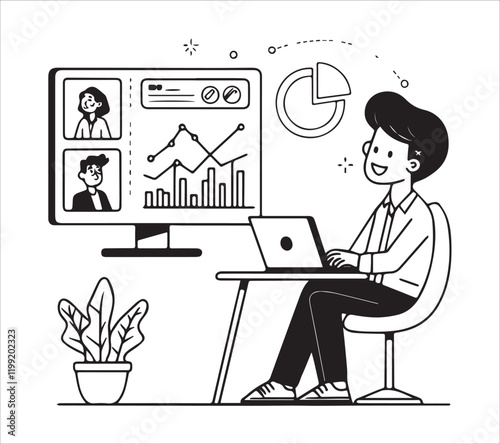 One line art set business flat vector illustration design
cartoon character working action style concept. online video conference meeting. business planning. data analytics