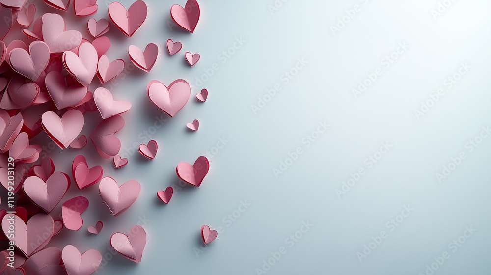 Flat lay of pink paper hearts resting on a clean white background, minimal style. Bright lighting, contrast with copy space for text Flat lay of pink paper hearts resting on a clean white background, minimal style. Bright lighting, contrast with copy space for text