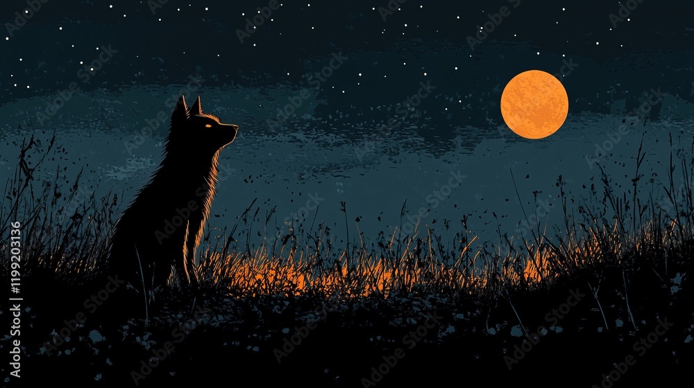 A silhouette of a wolf gazing at a large orange moon in a starry night sky A silhouette of a wolf gazing at a large orange moon in a starry night sky