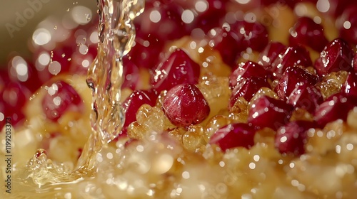 Pomegranate seeds rinsing in rice, close-up, kitchen, cooking