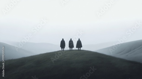 Three hooded figures stand on a misty hilltop. photo