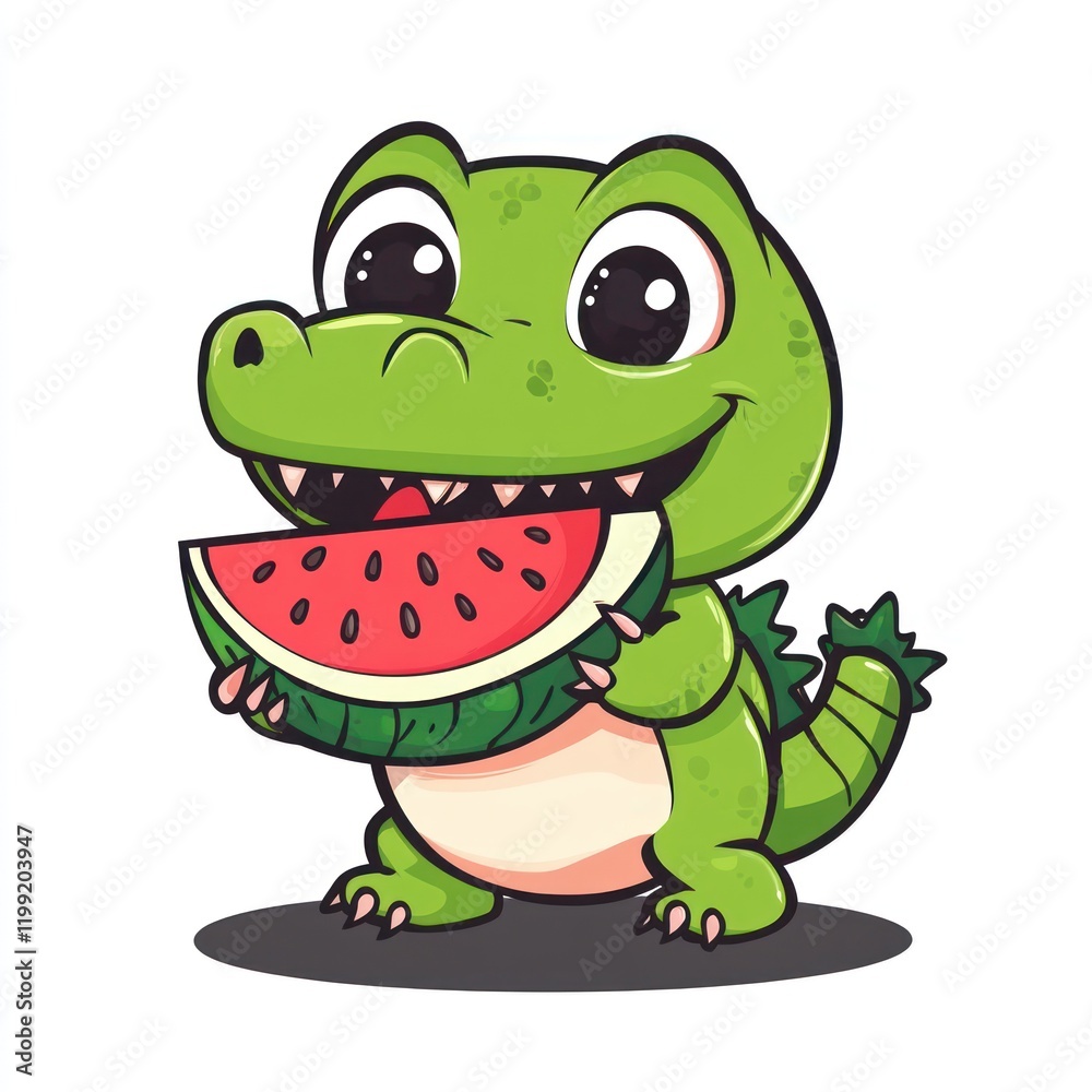 Cartoon alligator holds watermelon slice on white background for childrens' designs Cartoon alligator holds watermelon slice on white background for childrens' designs