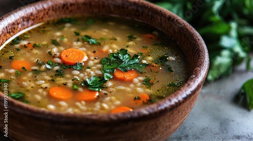 Hearty soup filled with vibrant carrots and fresh herbs in rusti photo