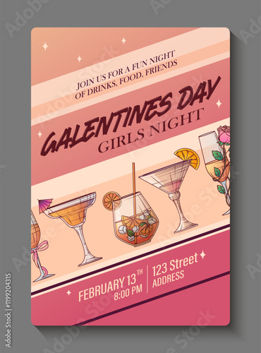 Vector illustration of cocktails in glasses. Template of invitation design for galentines day. For card design, poster party, decoration of bar.
