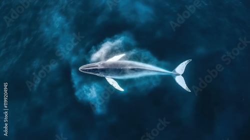 A white whale is seen from above, with its blowhole open, as it swims through the ocean. photo