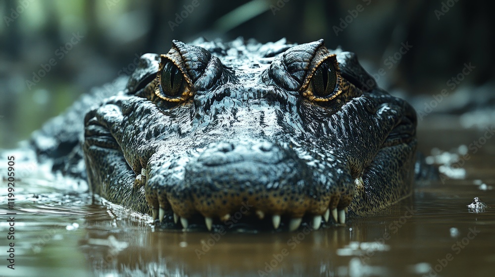 Fototapeta premium Crocodile's head, submerged, intense gaze.