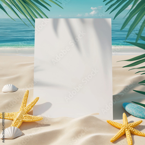 Blank paper with copyspace on a tropical summer background with the sea, sandy shore, palm branches, and a sea star for your summer message or travel vacation design