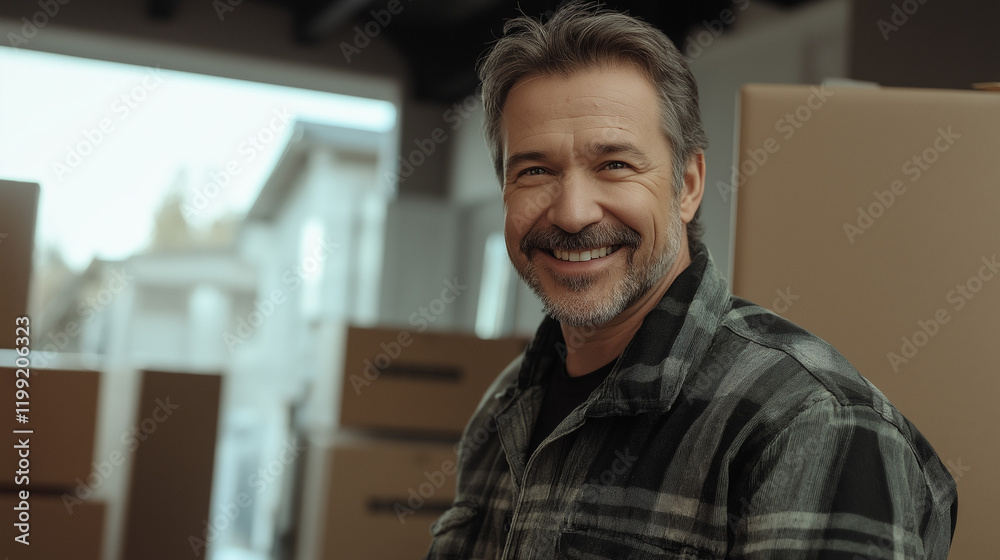 Obraz premium Mature man in plaid shirt at warehouse facility. Perfect for logistics management, distribution center, or supply chain operations.