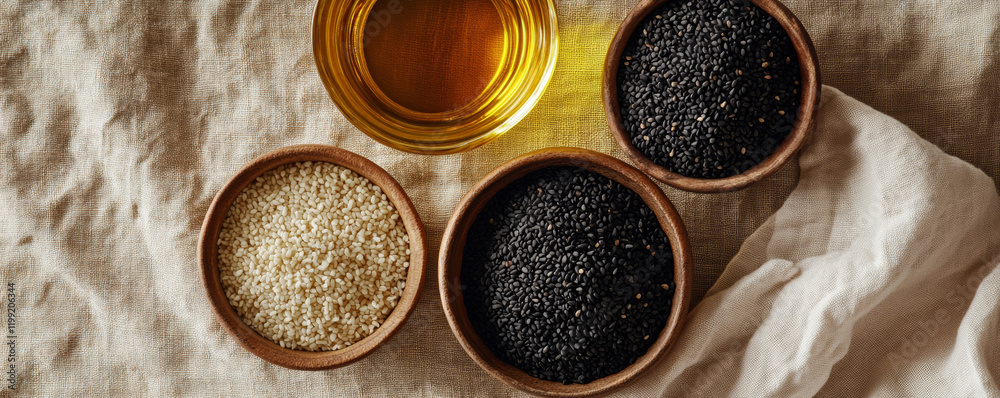 Sesame oil and seeds in wooden bowls on textured fabric background. image showcases contrast between black and white sesame seeds, evoking sense of natural ingredients Sesame oil and seeds in wooden bowls on textured fabric background. image showcases contrast between black and white sesame seeds, evoking sense of natural ingredients