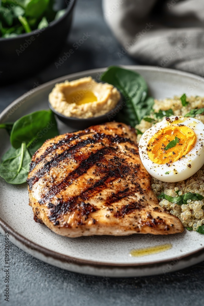 Grilled Chicken Breast with Quinoa, Spinach, and Soft-Boiled Egg Grilled Chicken Breast with Quinoa, Spinach, and Soft-Boiled Egg