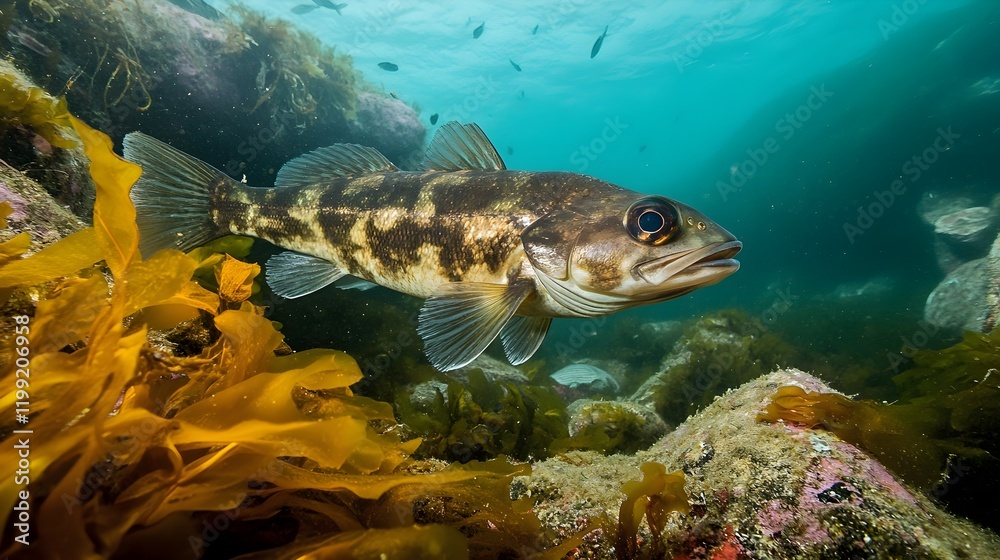 Fototapeta premium Stunning Underwater Image of a Spotted Kelp Bass Fish Swimming near Golden Kelp Forest Ocean Wildlife Aquatic Nature Scene Sea Reef Blue Deep Rock Coral Photo 