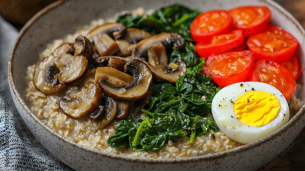 Nourishing Savory Oatmeal Bowl with Sauted Mushrooms,Vibrant Spinach,and Soft-Boiled Egg in Rustic,Earthy Style Nourishing Savory Oatmeal Bowl with Sauted Mushrooms,Vibrant Spinach,and Soft-Boiled Egg in Rustic,Earthy Style