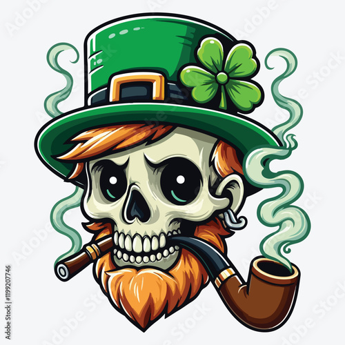 Cartoon leprechaun skull with whiskers and pipe stock illustration
