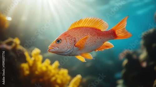 A red snapper swims in the ocean with a bright sunburst in the background.