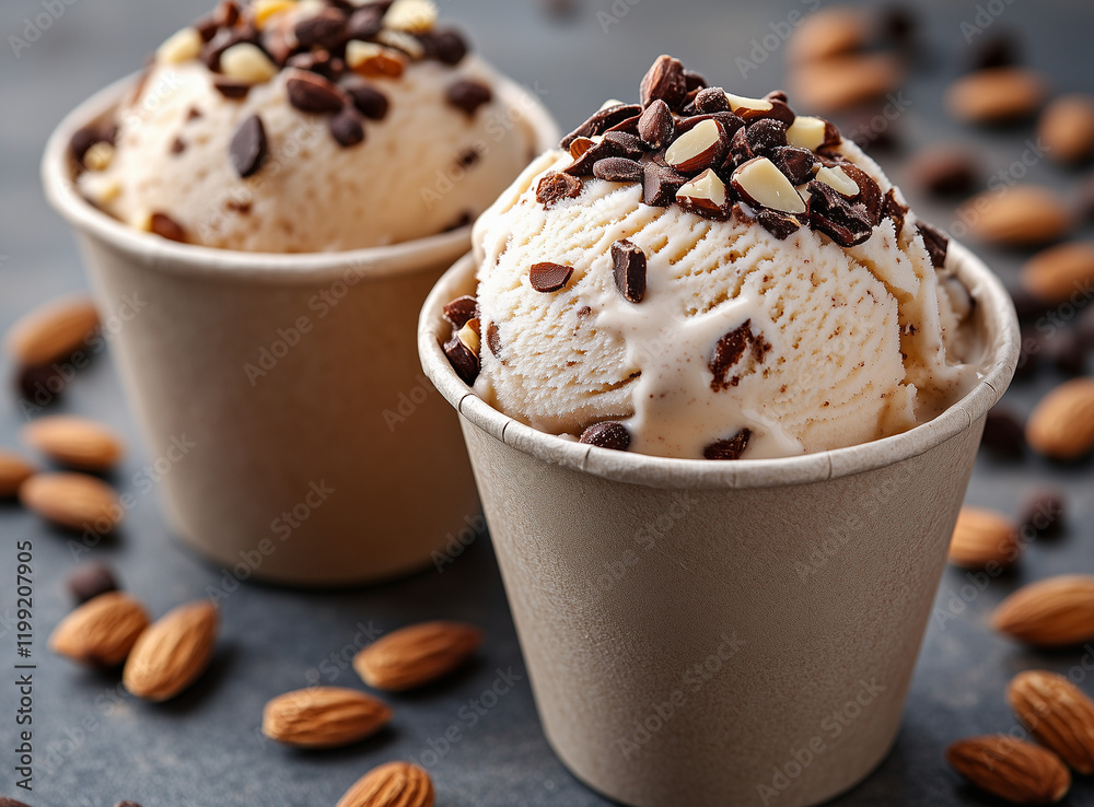 Almond ice cream in a paper cup on a grey background Almond ice cream in a paper cup on a grey background