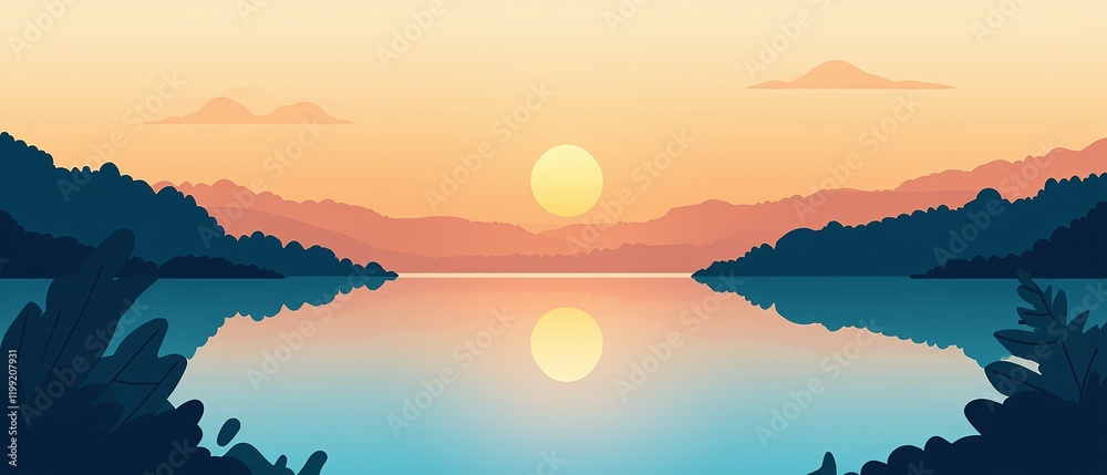 Naklejka premium A flat vector illustration of a sunrise over a tranquil lake. Made with generative AI