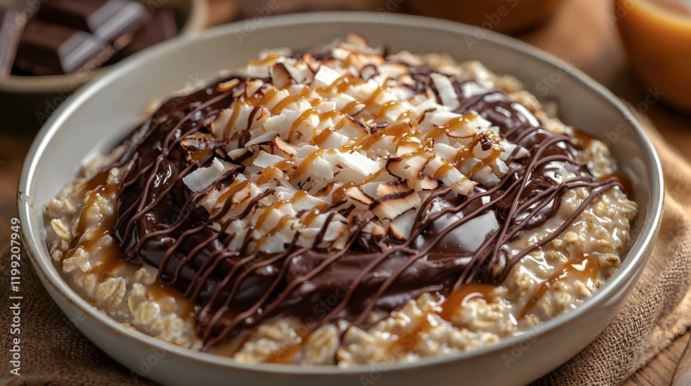 Decadent Oatmeal with Rich Molten Chocolate,Toasted Coconut,and Glistening Caramel Sauce Decadent Oatmeal with Rich Molten Chocolate,Toasted Coconut,and Glistening Caramel Sauce