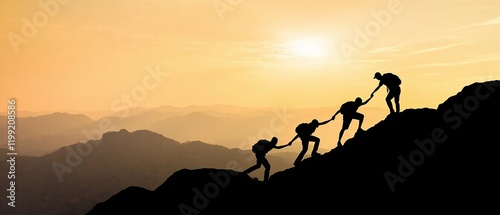 A group of people helping each other reach a mountain peak at sunset. Made with generative AI