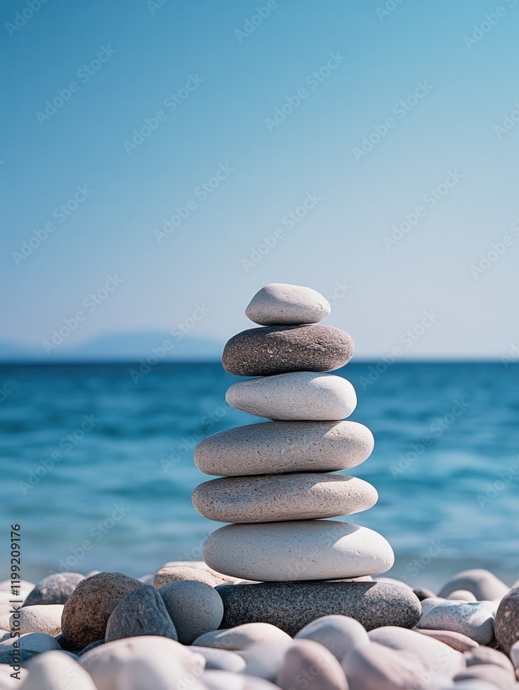 This image shows a tranquil beach scene featuring stacked rocks. The arrangement of the stones suggests a sense of balance and harmony with nature. This image shows a tranquil beach scene featuring stacked rocks. The arrangement of the stones suggests a sense of balance and harmony with nature.