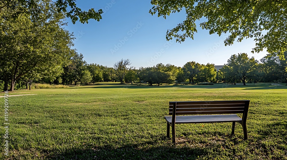 wooden park bench sits on a grassy field under a clear blue sky surrounded by lush green trees. Peaceful serene. wooden park bench sits on a grassy field under a clear blue sky surrounded by lush green trees. Peaceful serene.