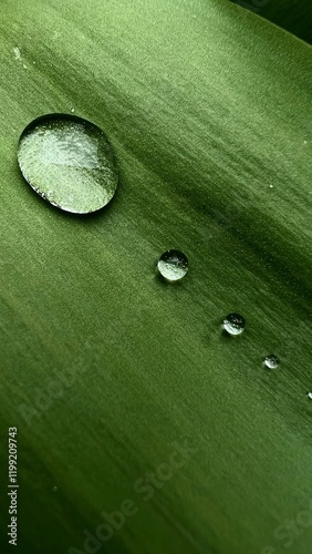 Beautiful large drop morning dew in nature, selective focus. Drops of clean transparent water on leaves. Sun glare in drop. Image in green tones. Spring summer natural background.