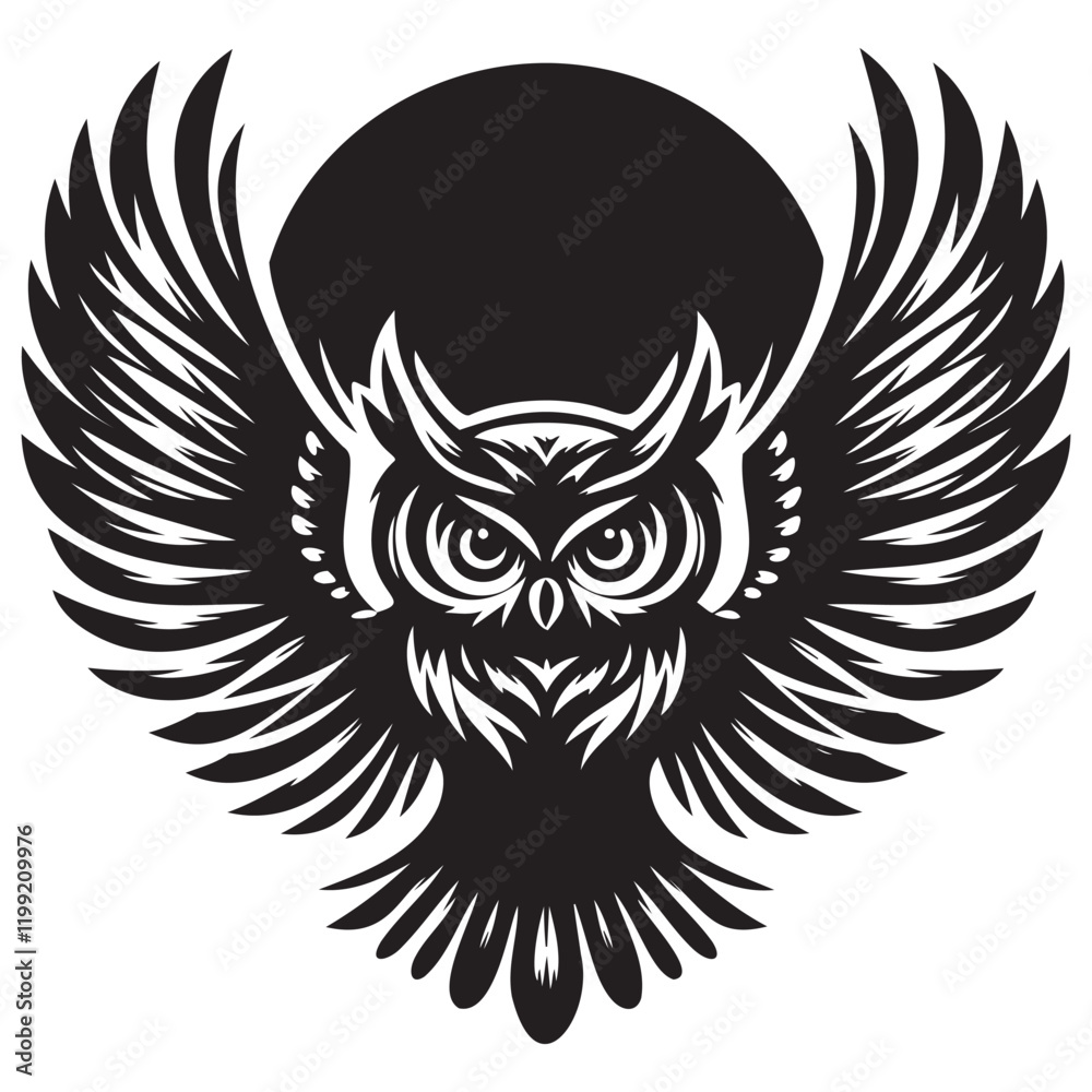 Black and White Owl Drawing with Spread Wings and Full Moon with Stars Illustration Black and White Owl Drawing with Spread Wings and Full Moon with Stars Illustration