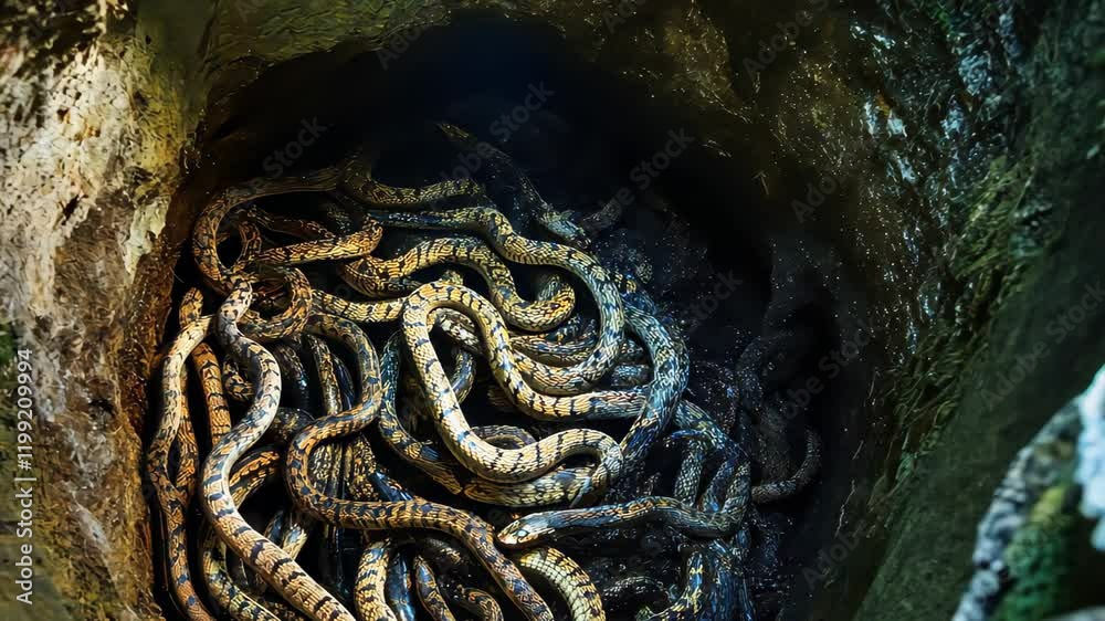 Snakes intertwined at the bottom of a circular stone well in a dimly lit environment, A large number of snakes entangled at the bottom of the well, the snakeâ€™s nest