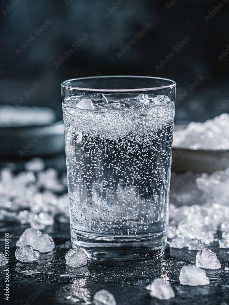 A tall, clear glass of sparkling water with ice cubes floating on its surface, promoting a refreshing and cooling effect. Perfect for summer weather or any time one needs a crisp beverage. A tall, clear glass of sparkling water with ice cubes floating on its surface, promoting a refreshing and cooling effect. Perfect for summer weather or any time one needs a crisp beverage.