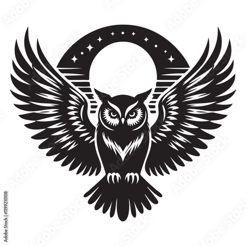 Black and White Owl Drawing with Spread Wings and Full Moon with Stars Illustration