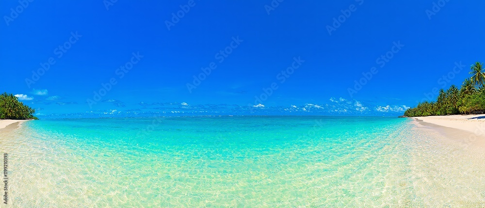 Fototapeta premium A panoramic view of a tropical beach where the sea meets the sky. Made with generative AI