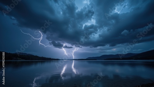 A serene, vast expanse of dark blue lake mirrors a tumultuous sky with swirling storm clouds in shades of midnight blue and charcoal gray. Lightning cracks thrice across the horizon