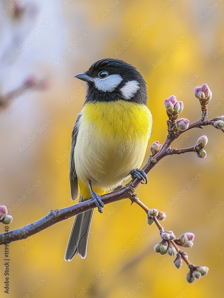 Obraz premium A charming black-capped chickadee perched on a branch, with pink flowers in the background, signifying the arrival of spring.