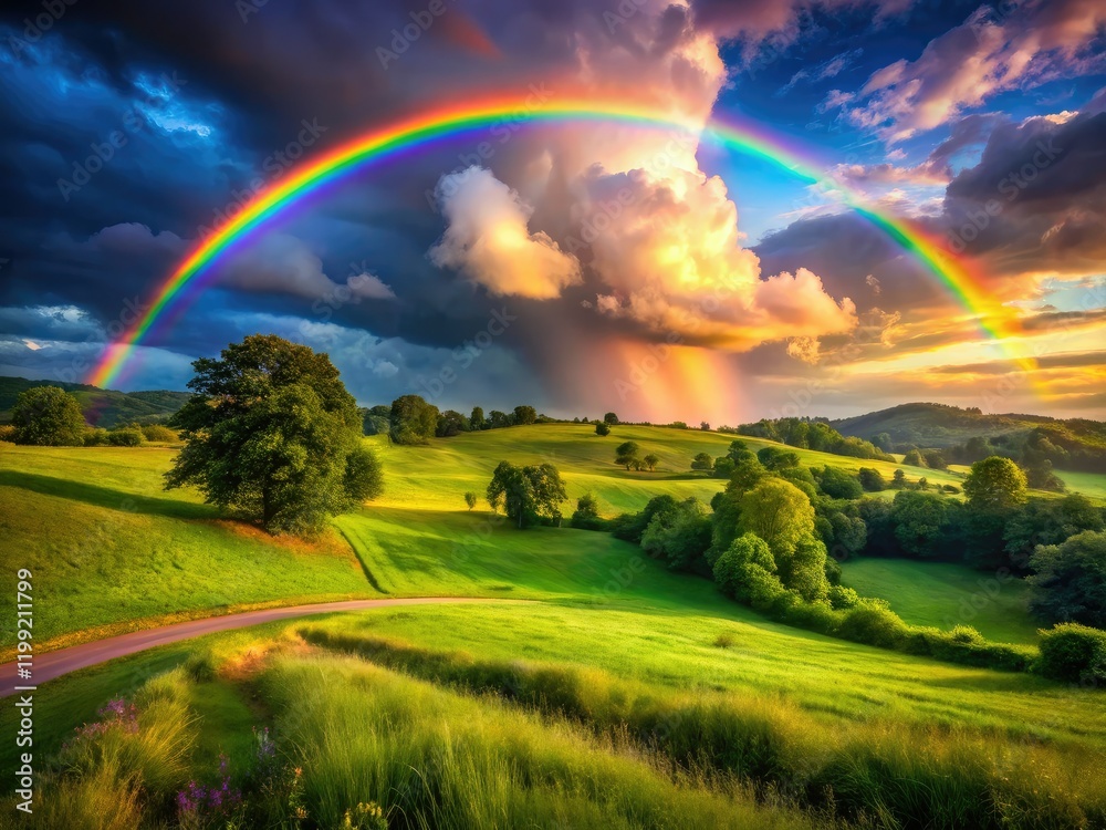 Obraz premium Rainbow Rural Landscape After Rain - Hopeful Renewal