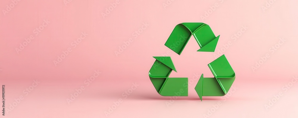 Obraz premium A stylized green recycling symbol is displayed against a soft pink background, emphasizing sustainability and environmental awareness.